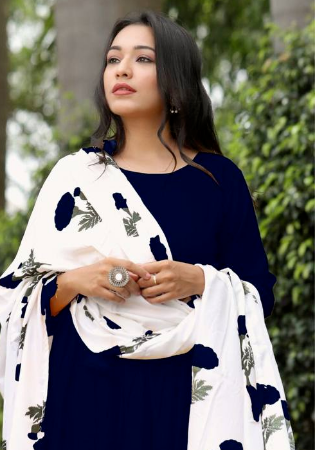 Picture of Rayon & Cotton Navy Blue Readymade Salwar Kameez