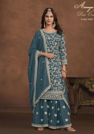 Picture of Splendid Georgette Teal Straight Cut Salwar Kameez