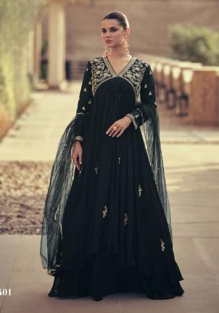 Picture of Chiffon & Silk Midnight Blue Anarkali Salwar Kameez