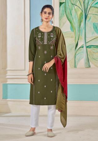 Picture of Cotton Dark Olive Green Readymade Salwar Kameez