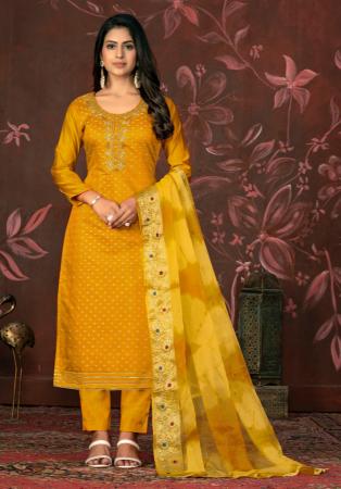 Picture of Rayon & Organza Dark Golden Rod Straight Cut Salwar Kameez