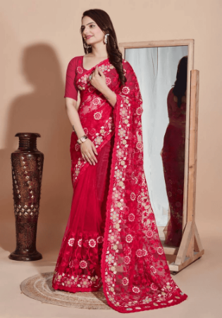 Picture of Fascinating Net Dark Red Saree