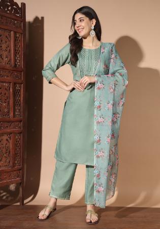 Picture of Cotton Dark Sea Green Readymade Salwar Kameez