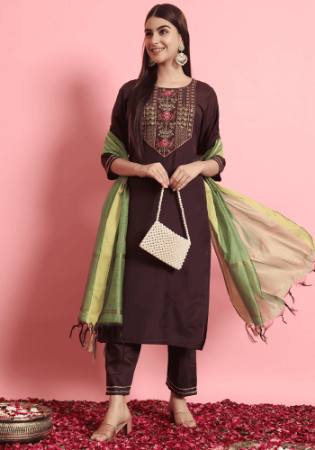 Picture of Silk Dark Olive Green Readymade Salwar Kameez