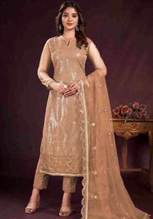 Picture of Shapely Net Tan Straight Cut Salwar Kameez