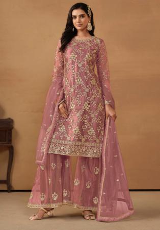 Picture of Net & Satin Pink Straight Cut Salwar Kameez