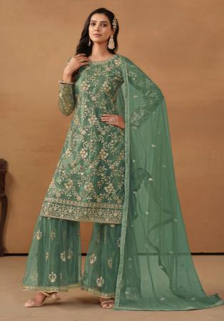 Picture of Net & Satin Dark Olive Green Straight Cut Salwar Kameez