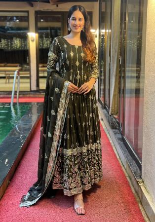 Picture of Georgette & Organza Dark Olive Green Readymade Gown