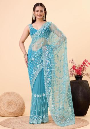 Picture of Alluring Net Light Steel Blue Saree