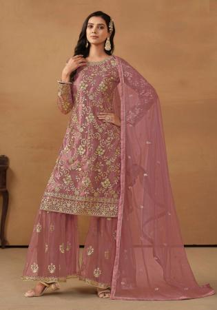 Picture of Bewitching Net Rosy Brown Straight Cut Salwar Kameez