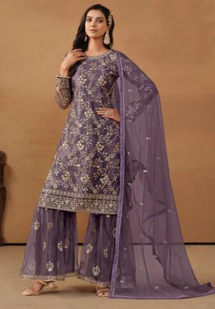 Picture of Elegant Net Plum Straight Cut Salwar Kameez