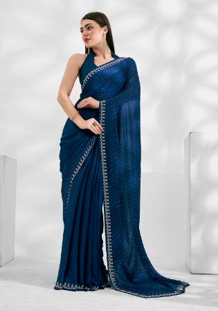 Picture of Sightly Chiffon & Satin Navy Blue Saree