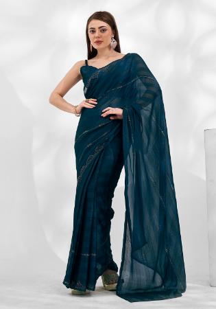 Picture of Stunning Chiffon & Satin Navy Blue Saree