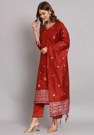 Picture of Cotton & Silk Maroon Readymade Salwar Kameez