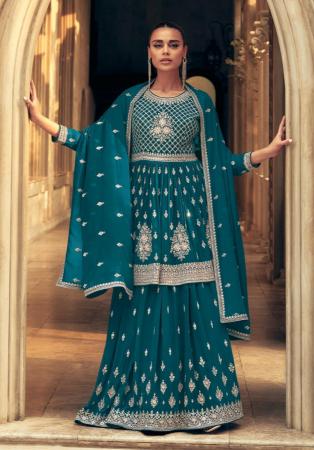 Picture of Sightly Georgette Teal Straight Cut Salwar Kameez