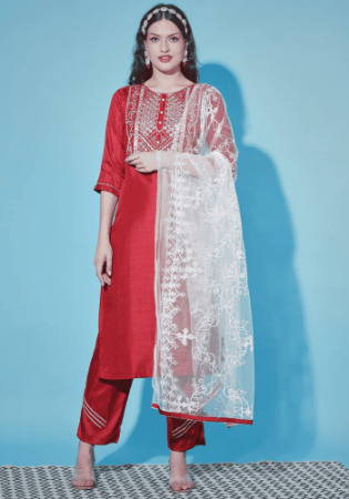 Picture of Stunning Silk Indian Red Readymade Salwar Kameez