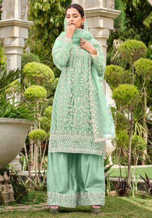 Picture of Net Dark Sea Green Straight Cut Salwar Kameez