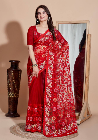 Picture of Delightful Net Fire Brick Saree