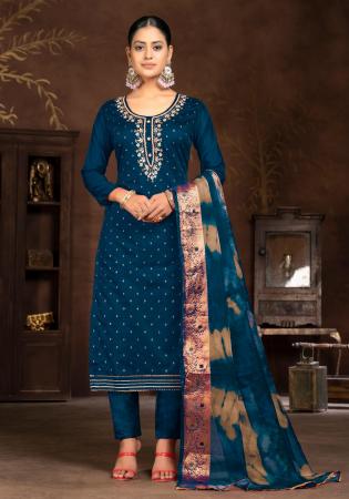 Picture of Sightly Organza Navy Blue Straight Cut Salwar Kameez