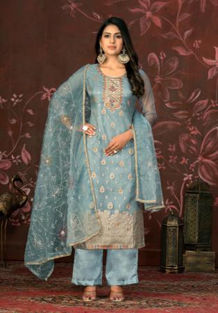 Picture of Organza Steel Blue Straight Cut Salwar Kameez