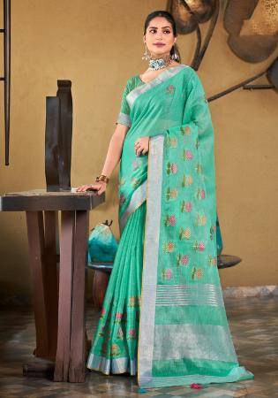 Picture of Comely Linen Medium Aqua Marine Saree