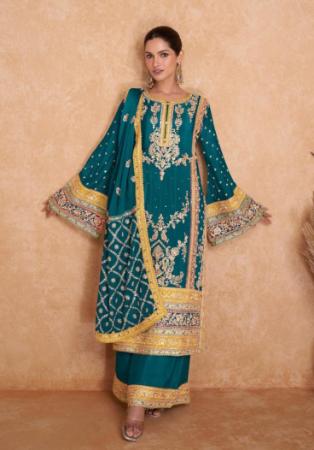 Picture of Classy Chiffon Teal Straight Cut Salwar Kameez