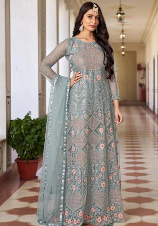 Picture of Gorgeous Net Dark Sea Green Anarkali Salwar Kameez