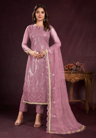 Picture of Appealing Net Rosy Brown Straight Cut Salwar Kameez