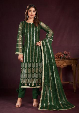 Picture of Net Dark Olive Green Straight Cut Salwar Kameez