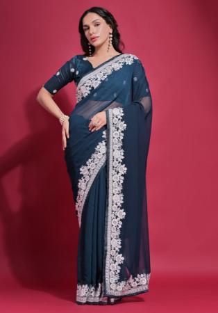 Picture of Elegant Georgette Dark Slate Blue Saree