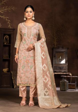 Picture of Beautiful Organza Tan Straight Cut Salwar Kameez