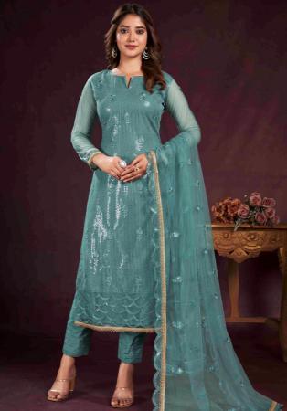 Picture of Net Light Slate Grey Straight Cut Salwar Kameez