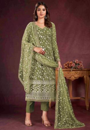 Picture of Net Dark Olive Green Straight Cut Salwar Kameez