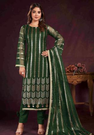 Picture of Net Dark Olive Green Straight Cut Salwar Kameez