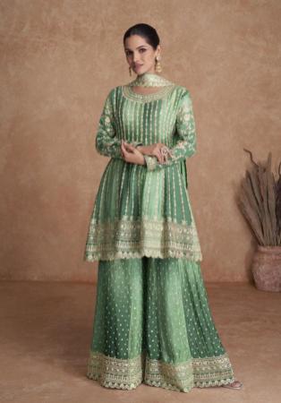 Picture of Chiffon Dark Sea Green Straight Cut Salwar Kameez