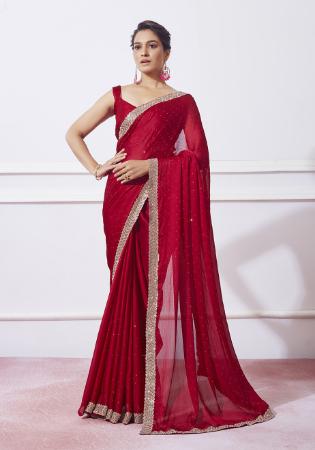 Picture of Superb Chiffon & Satin Dark Red Saree