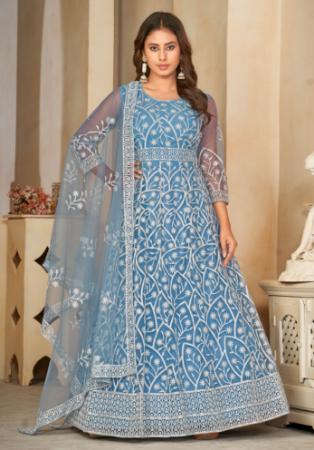 Picture of Georgette & Net Light Steel Blue Anarkali Salwar Kameez