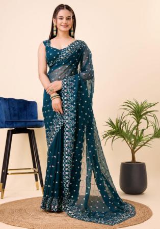 Picture of Superb Silk & Organza Navy Blue Saree