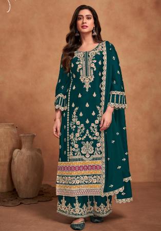 Picture of Chiffon Dark Green Straight Cut Salwar Kameez