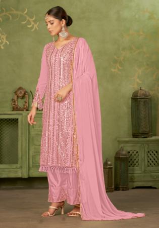 Picture of Georgette Dark Salmon Straight Cut Salwar Kameez