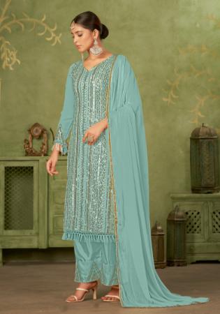 Picture of Georgette Dark Sea Green Straight Cut Salwar Kameez