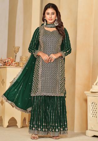 Picture of Georgette Dark Olive Green Straight Cut Salwar Kameez