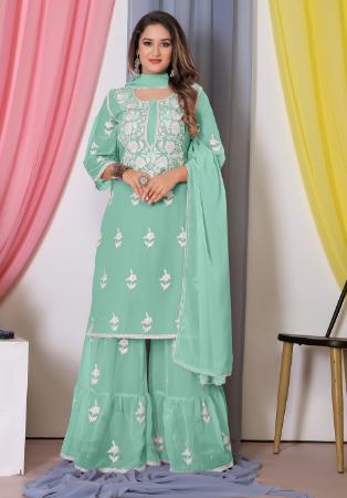 Picture of Georgette Dark Sea Green Straight Cut Salwar Kameez