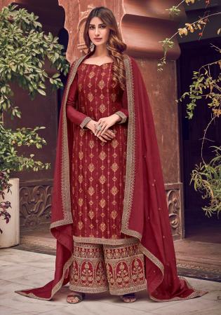 Picture of Rayon & Chiffon Maroon Straight Cut Salwar Kameez