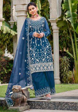 Picture of Marvelous Net Teal Straight Cut Salwar Kameez