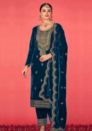 Picture of Nice Chiffon Navy Blue Straight Cut Salwar Kameez