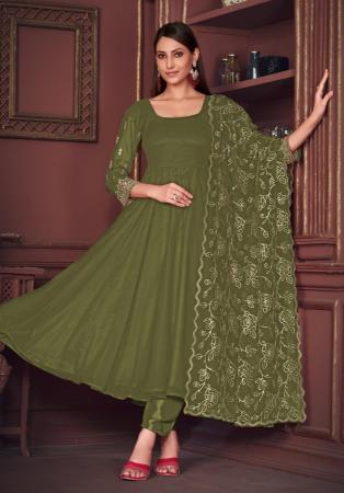 Picture of Georgette Dark Olive Green Anarkali Salwar Kameez