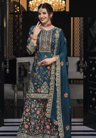 Picture of Lovely Silk Navy Blue Straight Cut Salwar Kameez