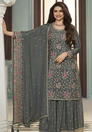 Picture of Chiffon Dark Slate Grey Straight Cut Salwar Kameez