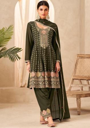 Picture of Chiffon Dark Olive Green Anarkali Salwar Kameez